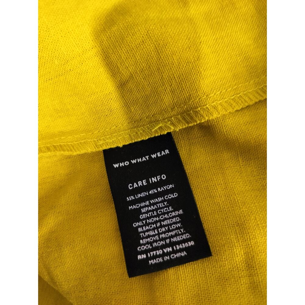 5578)Who What Wear L Chartreuse Yellow Peasant Linen Blend Button Front Blouse - Picture 8 of 8